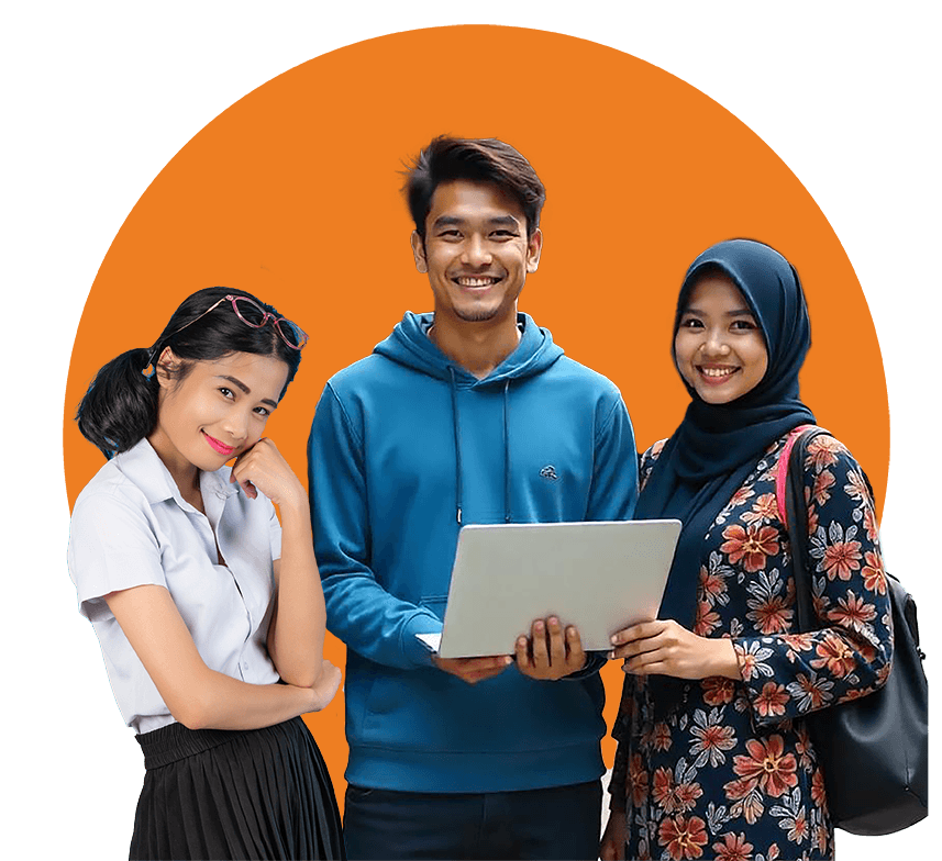 Siswa SMK, mahasiswa, dan pelaku UMKM tersenyum bersama memegang laptop